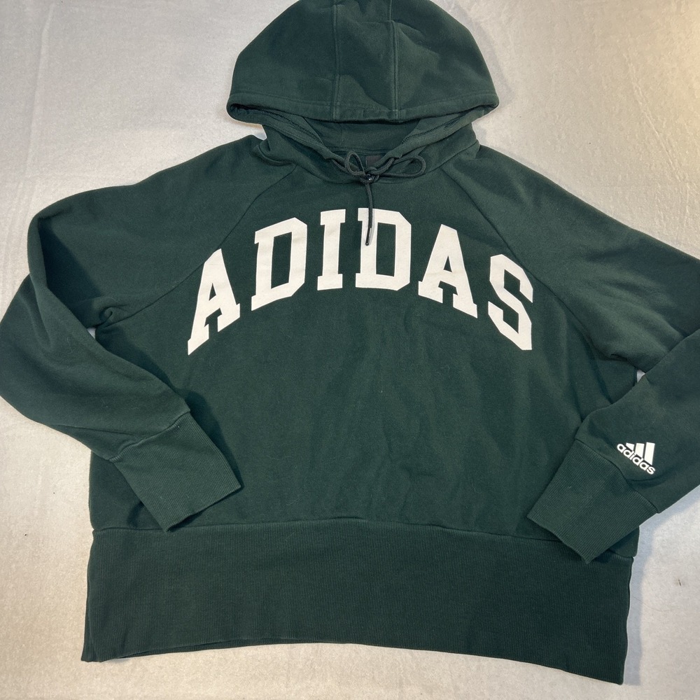 Adidas‎ Ladies Large Fleece Green Short Oversized Hoodie Med White Graphics